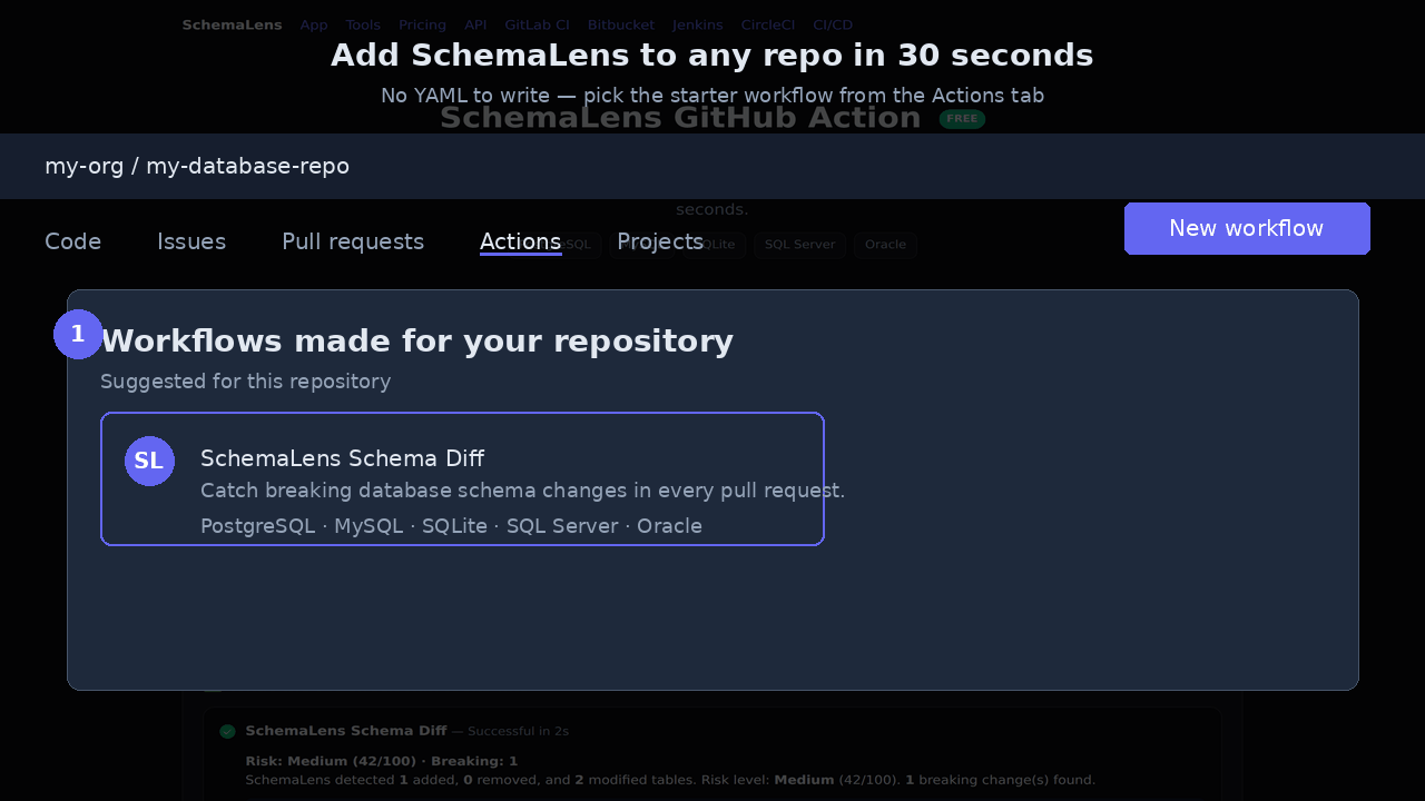 Add SchemaLens to your repo in 30 seconds — pick the starter workflow from the Actions tab